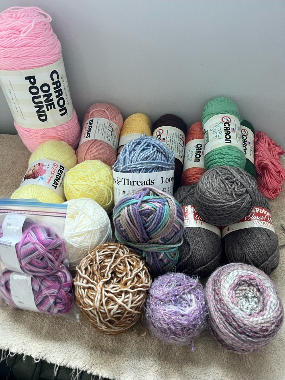 Yarn Bundle in Pink, Green, Yellow, Gray, Purple Caron and more.